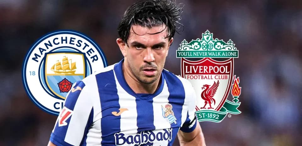 Jugador de la Real Sociedad en acción con logos de clubes