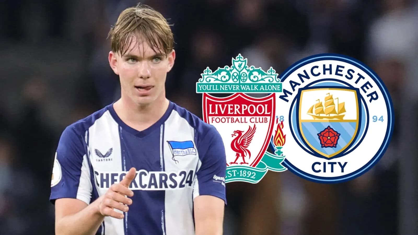 Jugador señalando mientras Liverpool y Manchester City están presentes