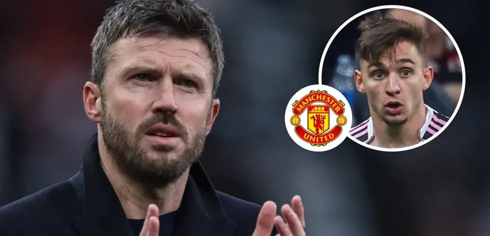 Michael Carrick gesturing with Manchester United logo background