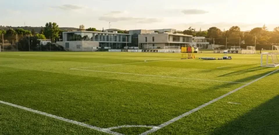 Campo de entrenamiento de fútbol con porterías y conos