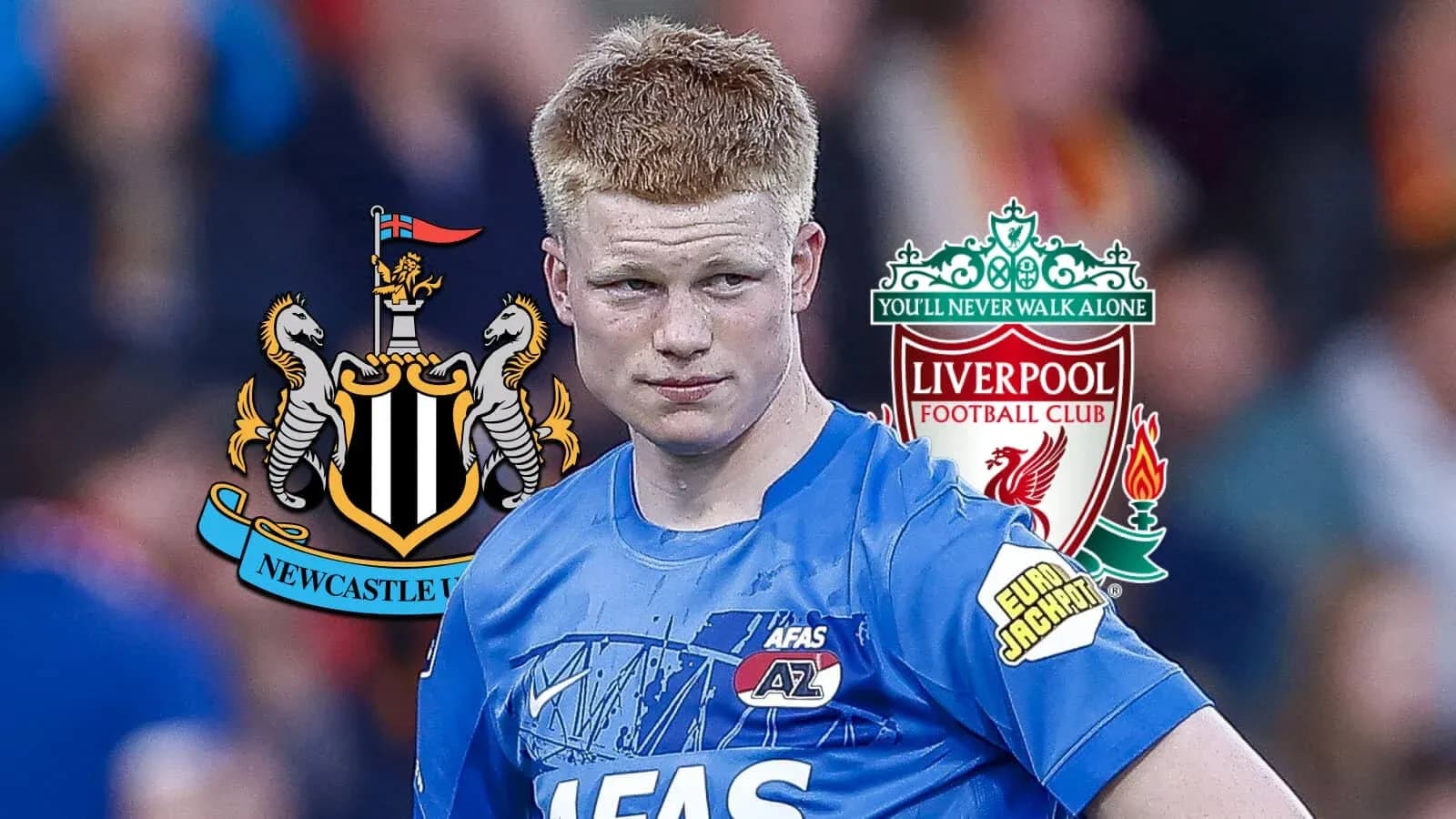 Jugador en uniforme con logos de Newcastle y Liverpool