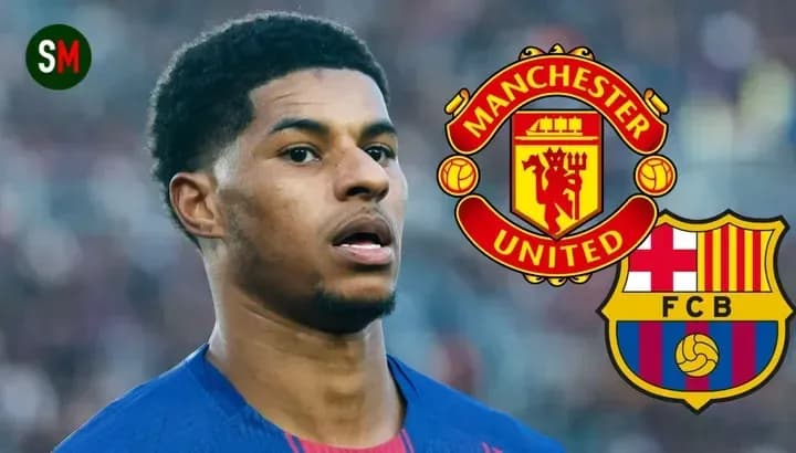 Jugador de fútbol con logotipos de Manchester United y Barcelona