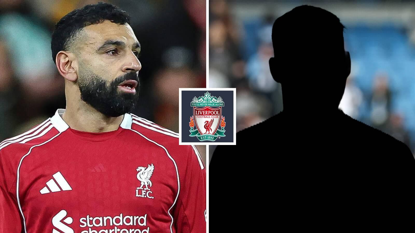 Mohamed Salah en uniforme de Liverpool junto a silueta