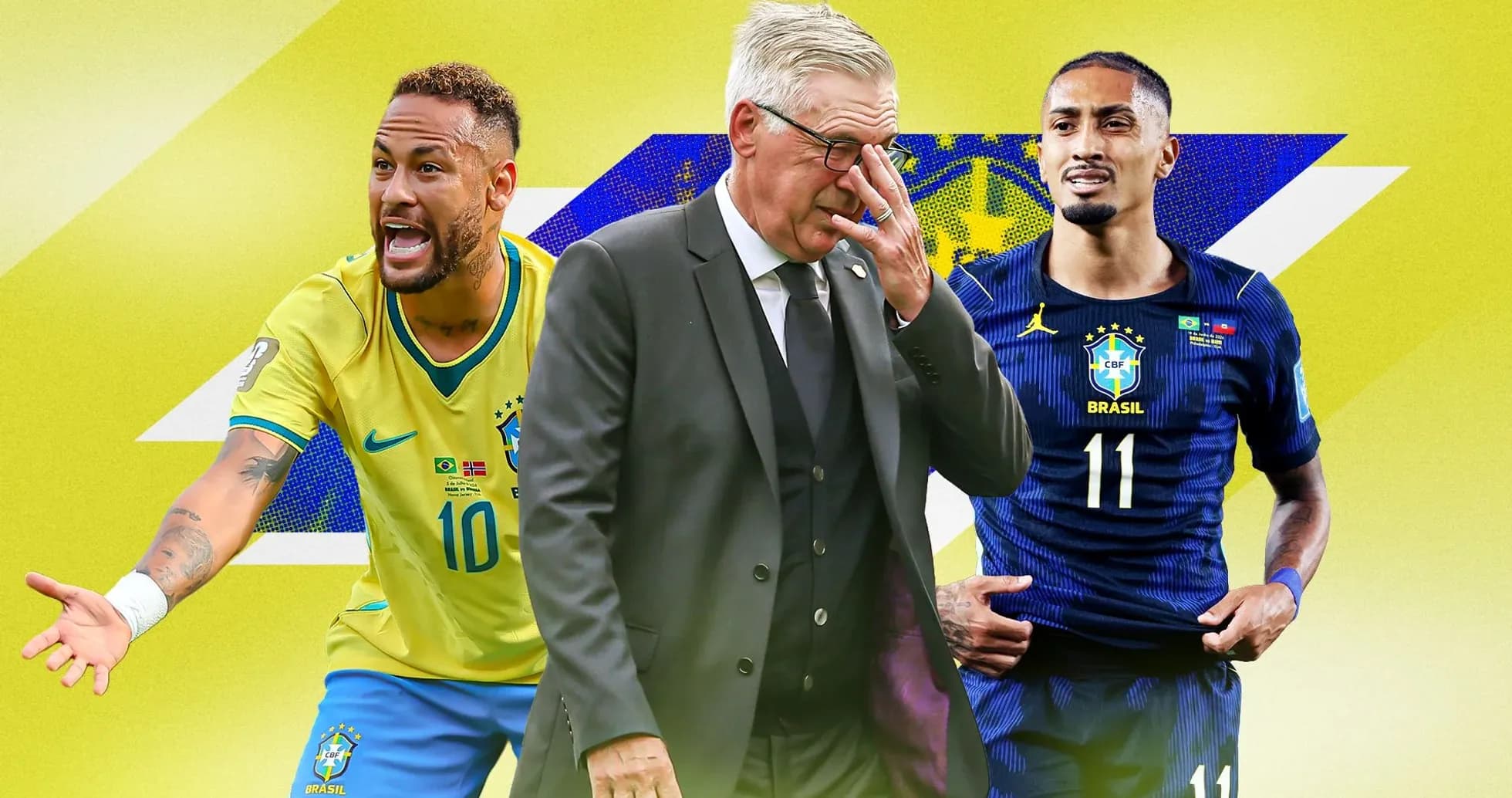 Neymar y jugadores de Brasil con fondo amarillo