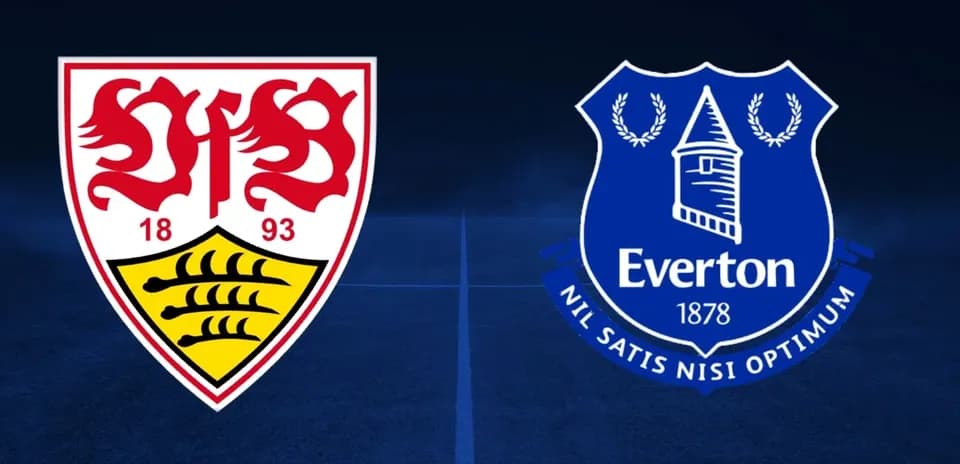 Escudos de VfB Stuttgart y Everton sobre fondo oscuro