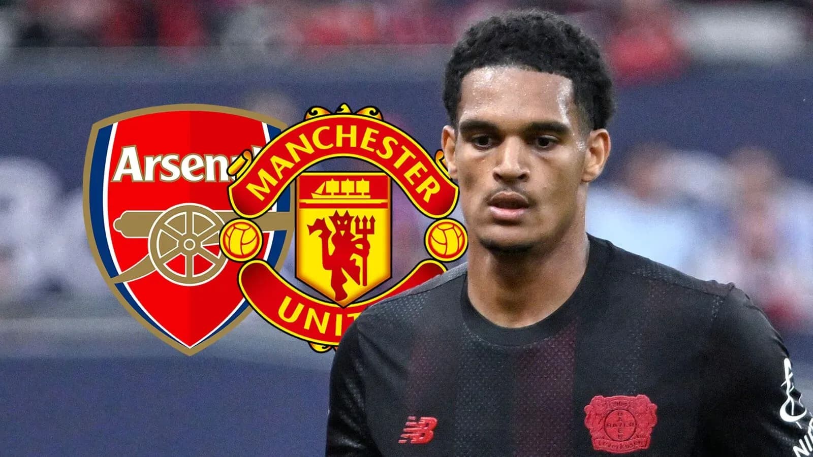 Jugador en primer plano con logos de Arsenal y Manchester United