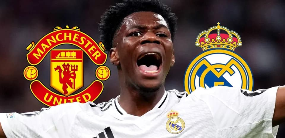 Jugador celebrando con logotipos de Manchester United y Real Madrid