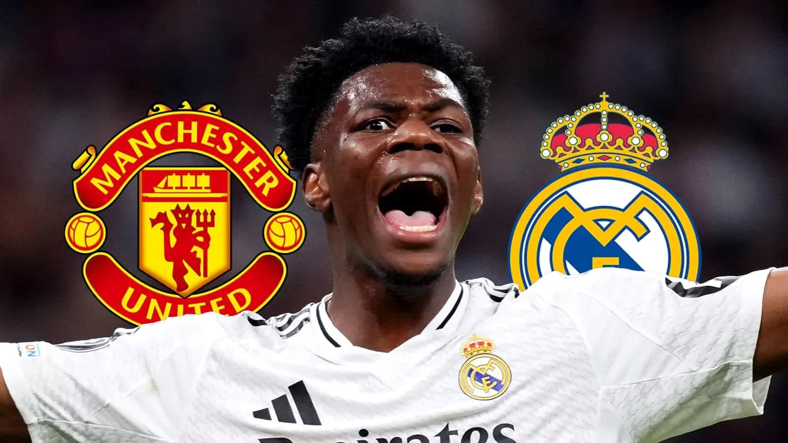 Jugador celebrando con logotipos de Manchester United y Real Madrid
