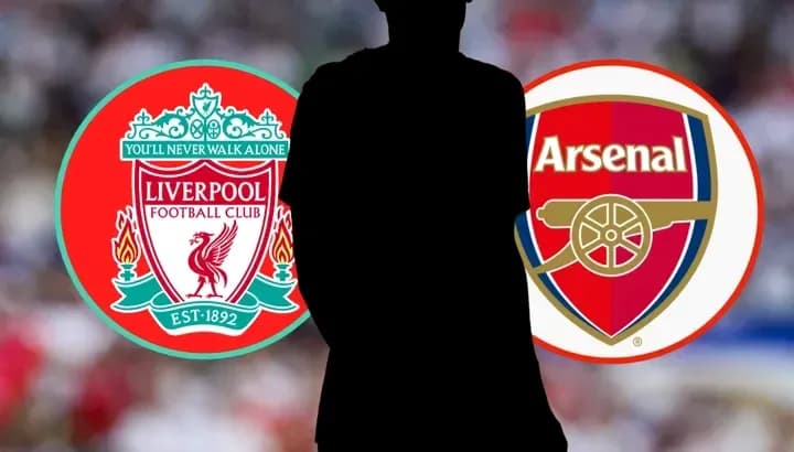 Silhouette of player between Liverpool and Arsenal logos