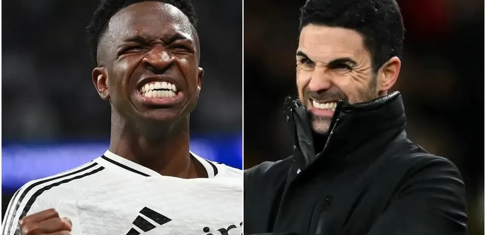 Vinícius Jr. y Mikel Arteta mostrando expresiones intensas
