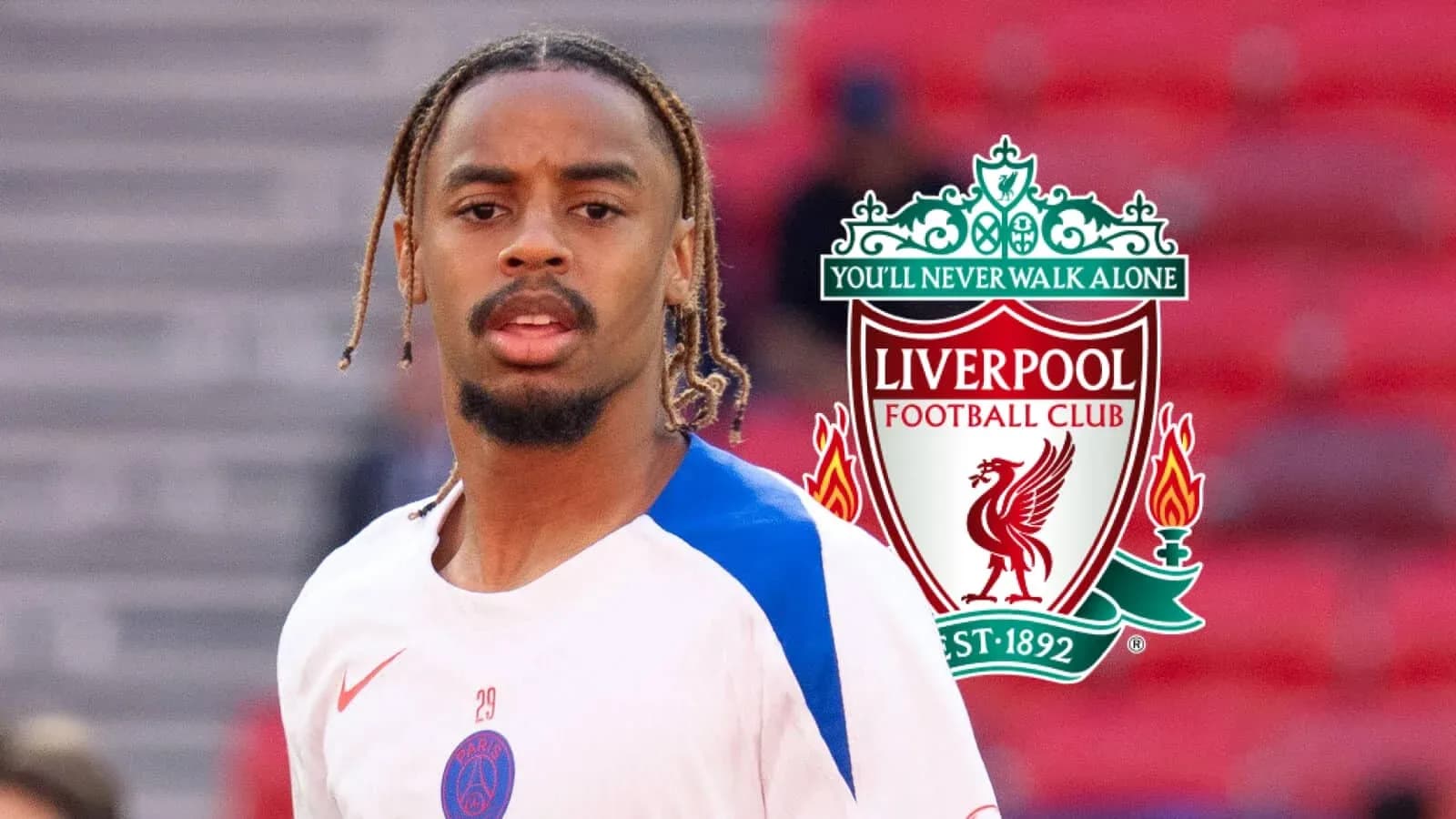Jugador de PSG con logotipo de Liverpool detrás