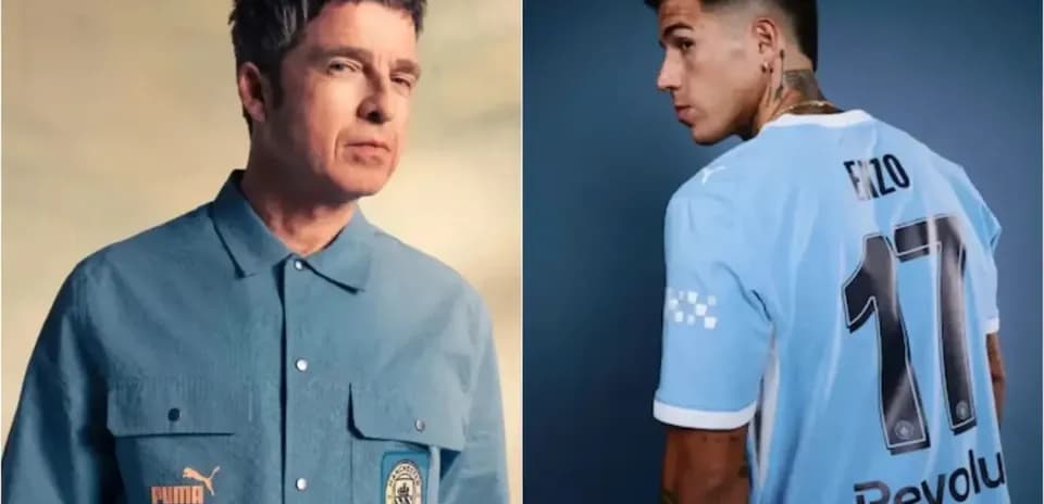 Dos personas posando con ropa de Manchester City