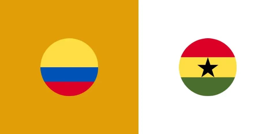 Banderas de Colombia y Ghana sobre fondo amarillo y blanco