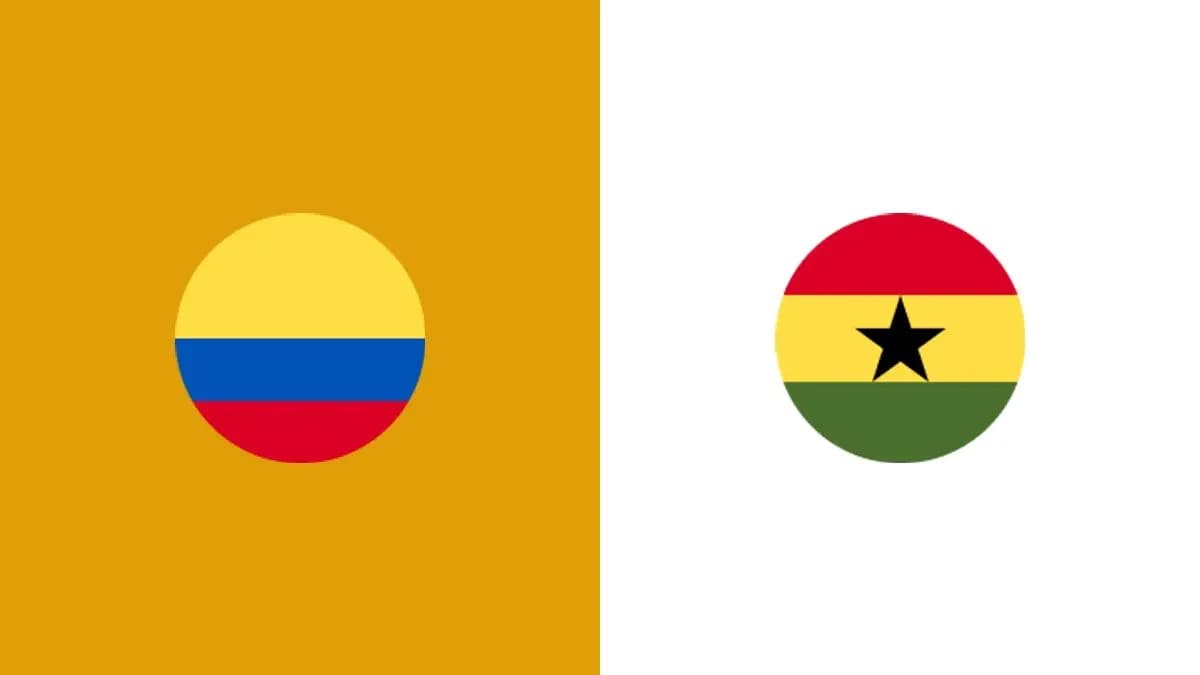 Banderas de Colombia y Ghana sobre fondo amarillo y blanco