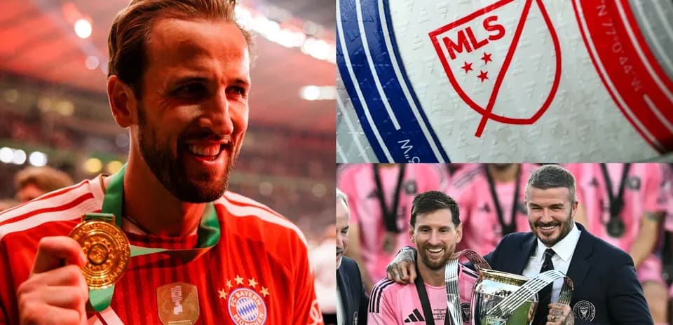 Harry Kane celebrating victory, MLS logo, Messi with Beckham
