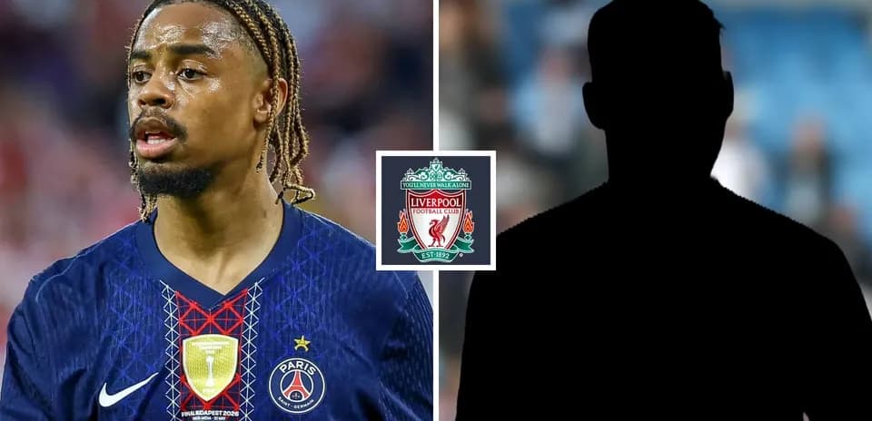 Jugador de PSG con escudo de Liverpool en fondo