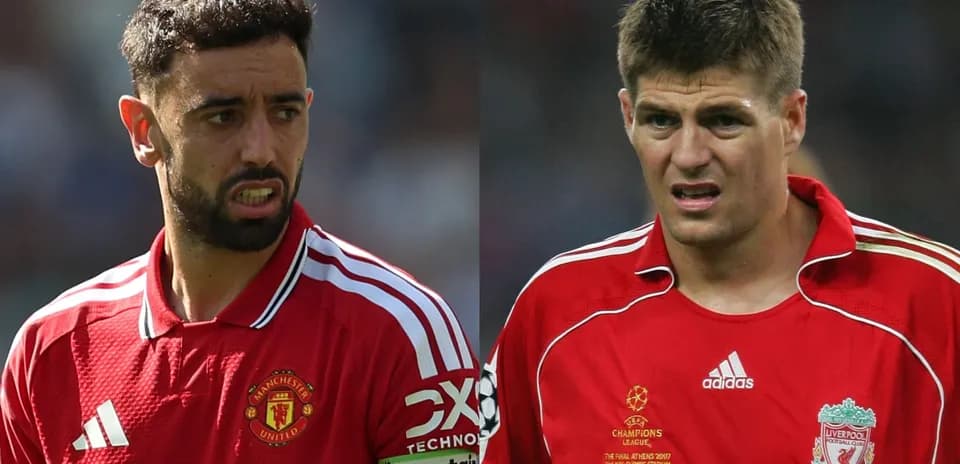 Bruno Fernandes y Steven Gerrard en camisetas de fútbol