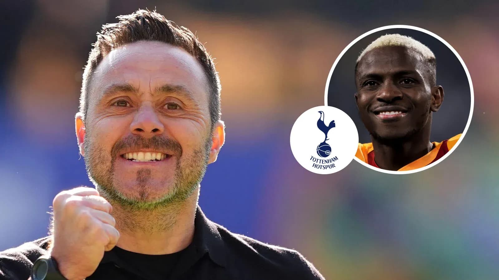 Entrenador sonriente con imagen de jugador al fondo