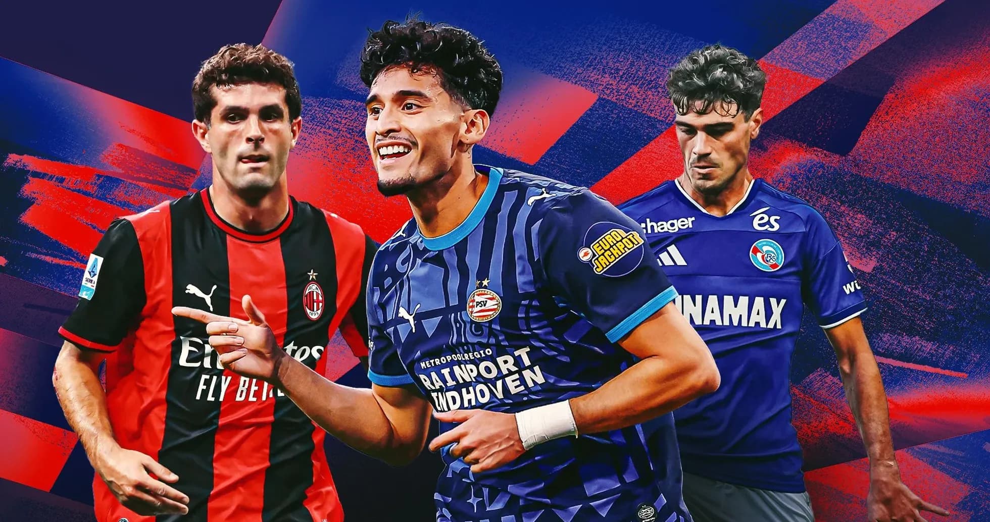Tres jugadores de fútbol en fondo colorido