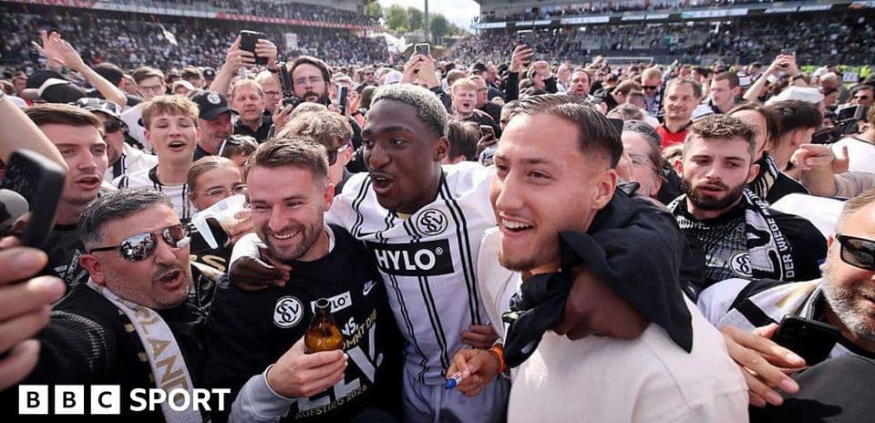 Agroup of fans celebrating with players on the field