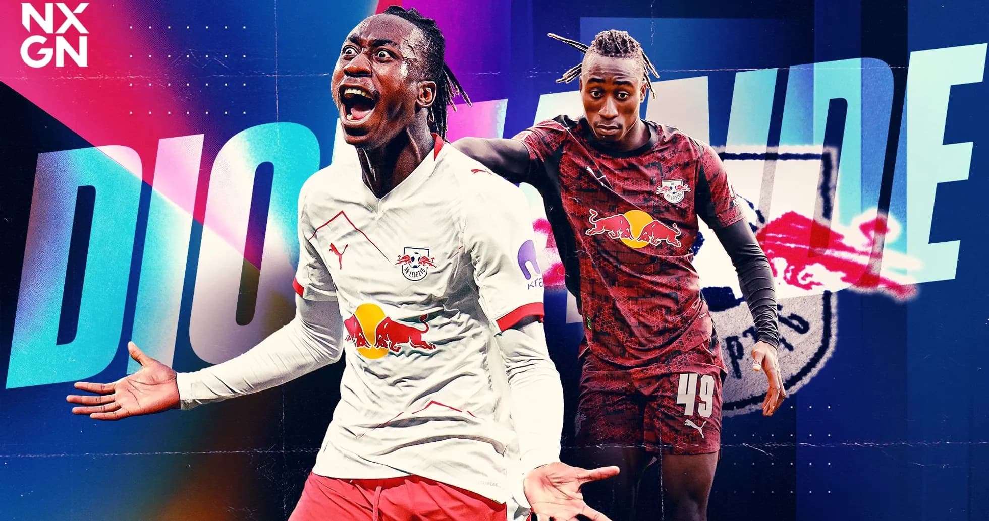 Diohane en dos poses con camiseta de RB Leipzig