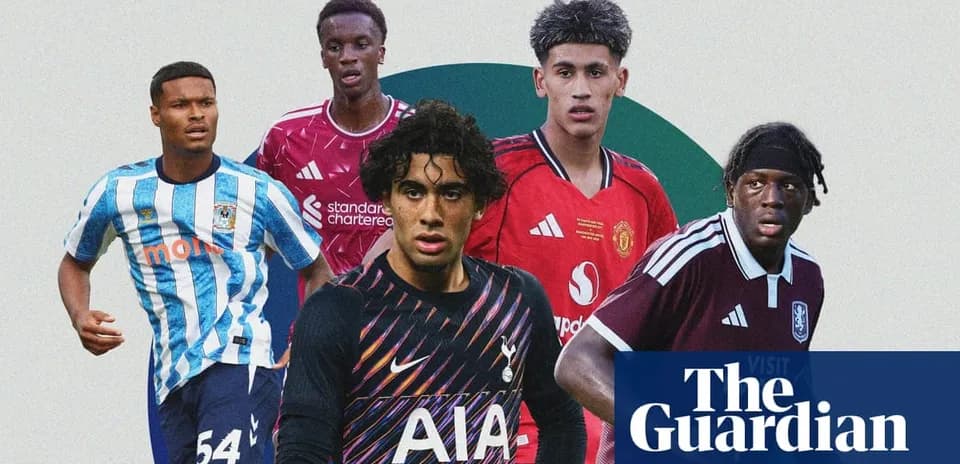 Cinco jóvenes futbolistas en un fondo colorido