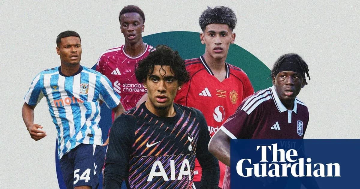 Cinco jóvenes futbolistas en un fondo colorido