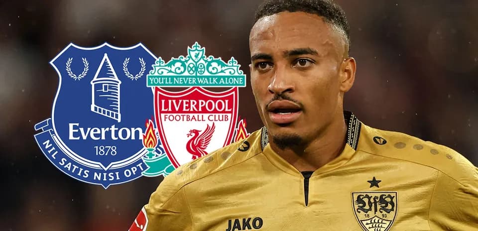 Jugador en uniforme con logotipos de Everton y Liverpool