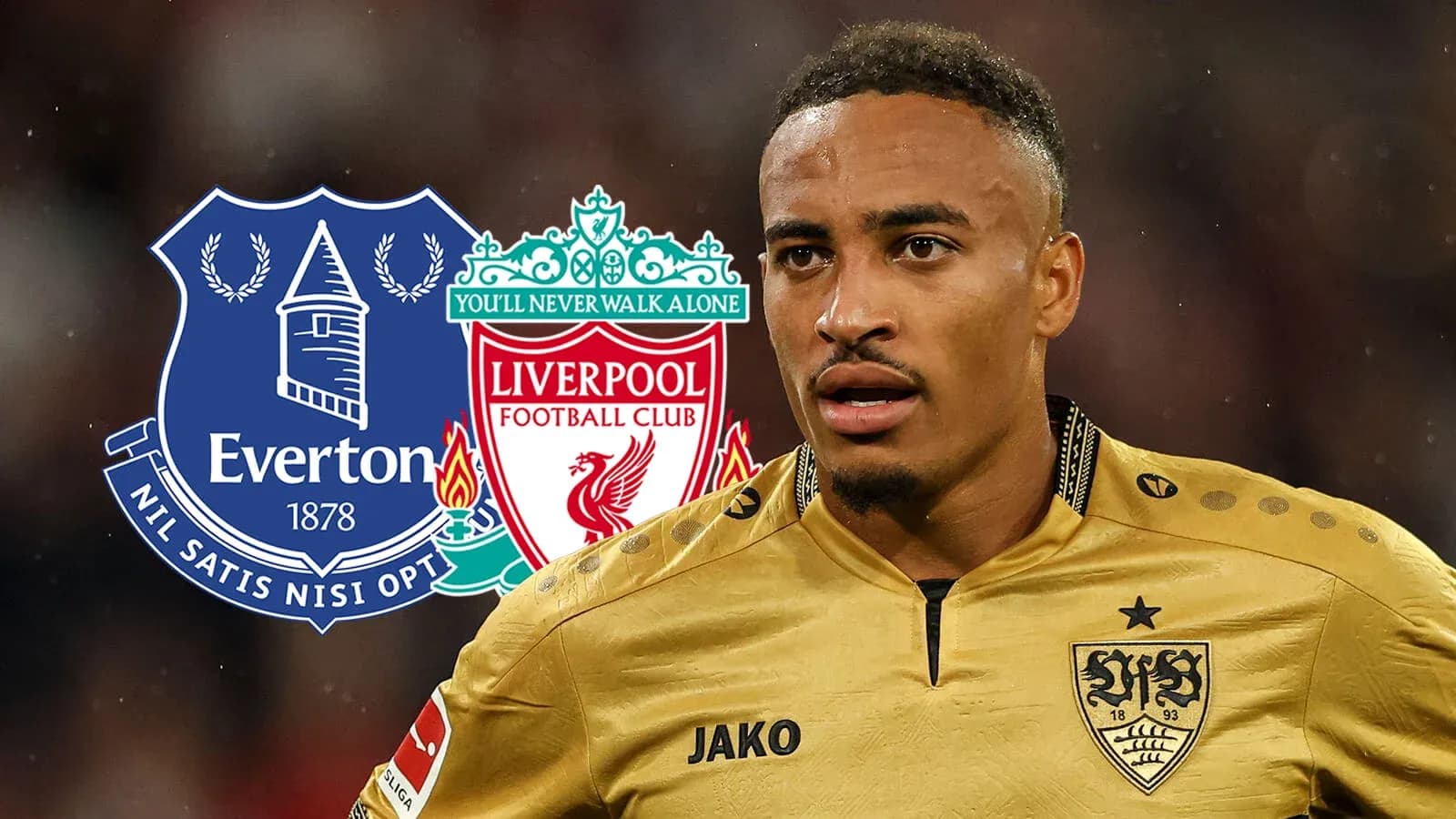 Jugador en uniforme con logotipos de Everton y Liverpool