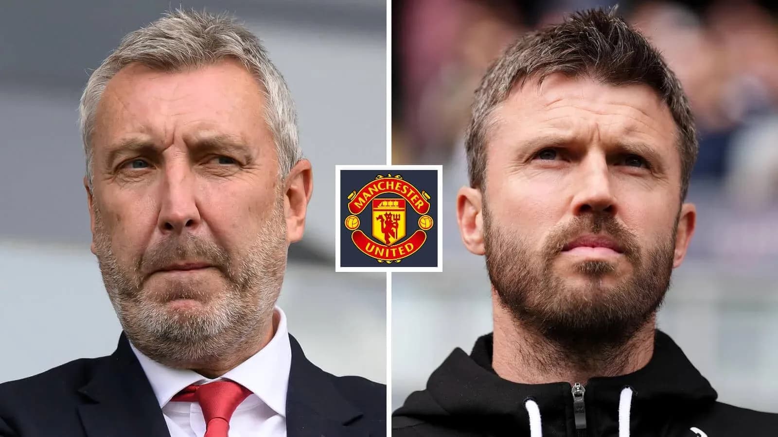 Entrenadores de fútbol en primer plano con logo de Manchester United