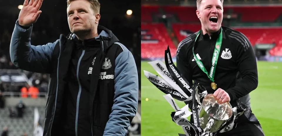 Entrenador de Newcastle celebrando y saludando a los aficionados