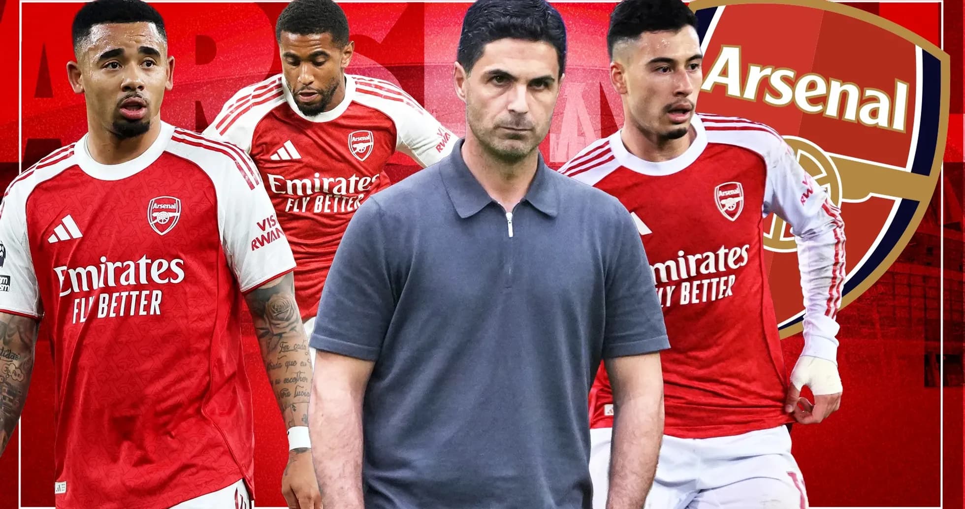 Jugadores del Arsenal y entrenador en fondo rojo