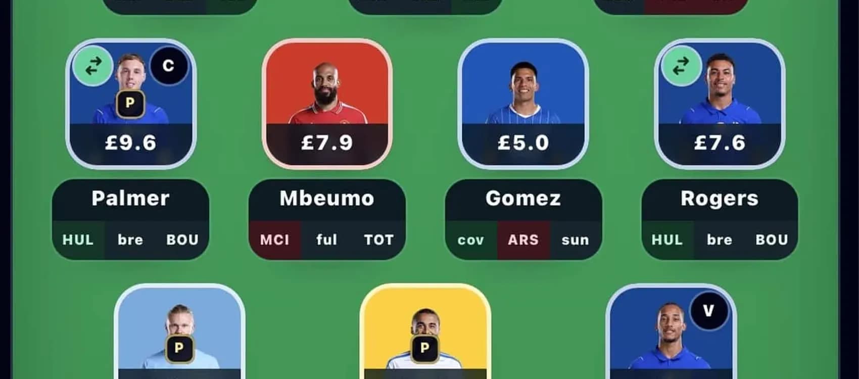 Interfaz de aplicación de fantasy football con jugadores y precios