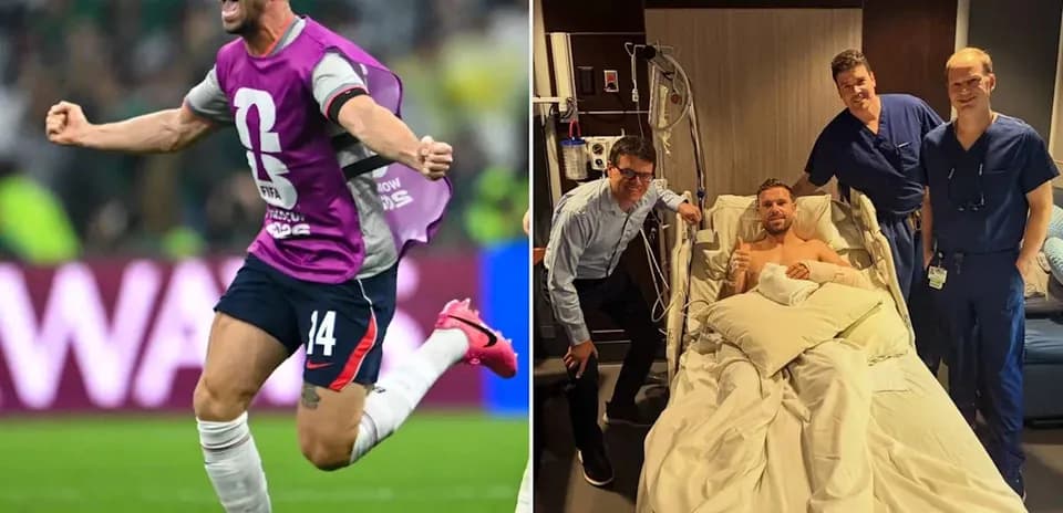 Jugador celebrando un gol y luego en hospital