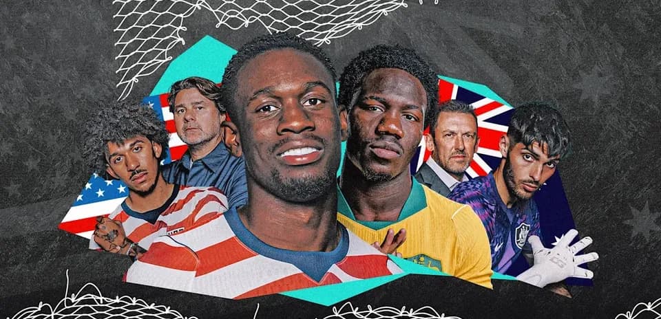 Jugadores de fútbol y entrenadores en collage colorido