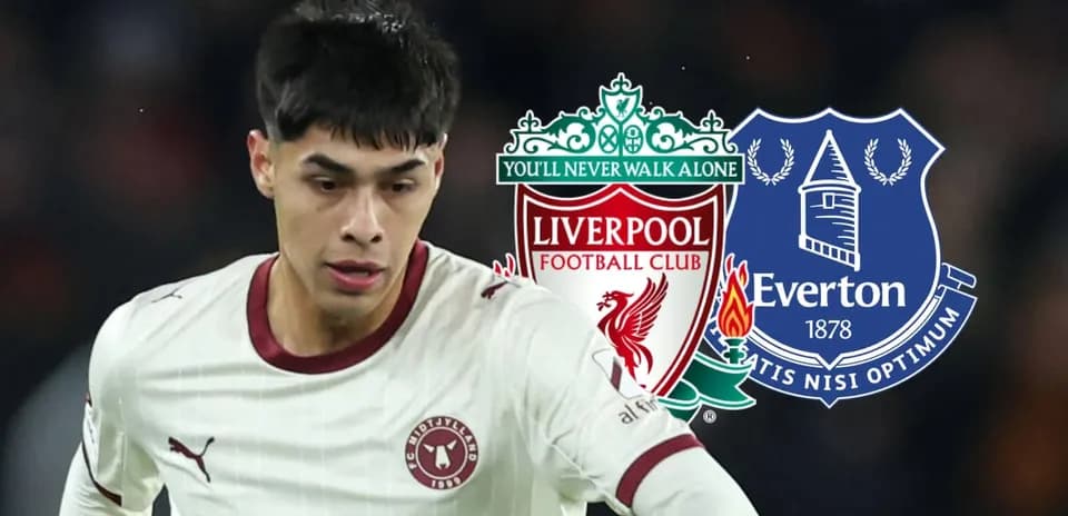 Jugador corriendo con logos de Liverpool y Everton
