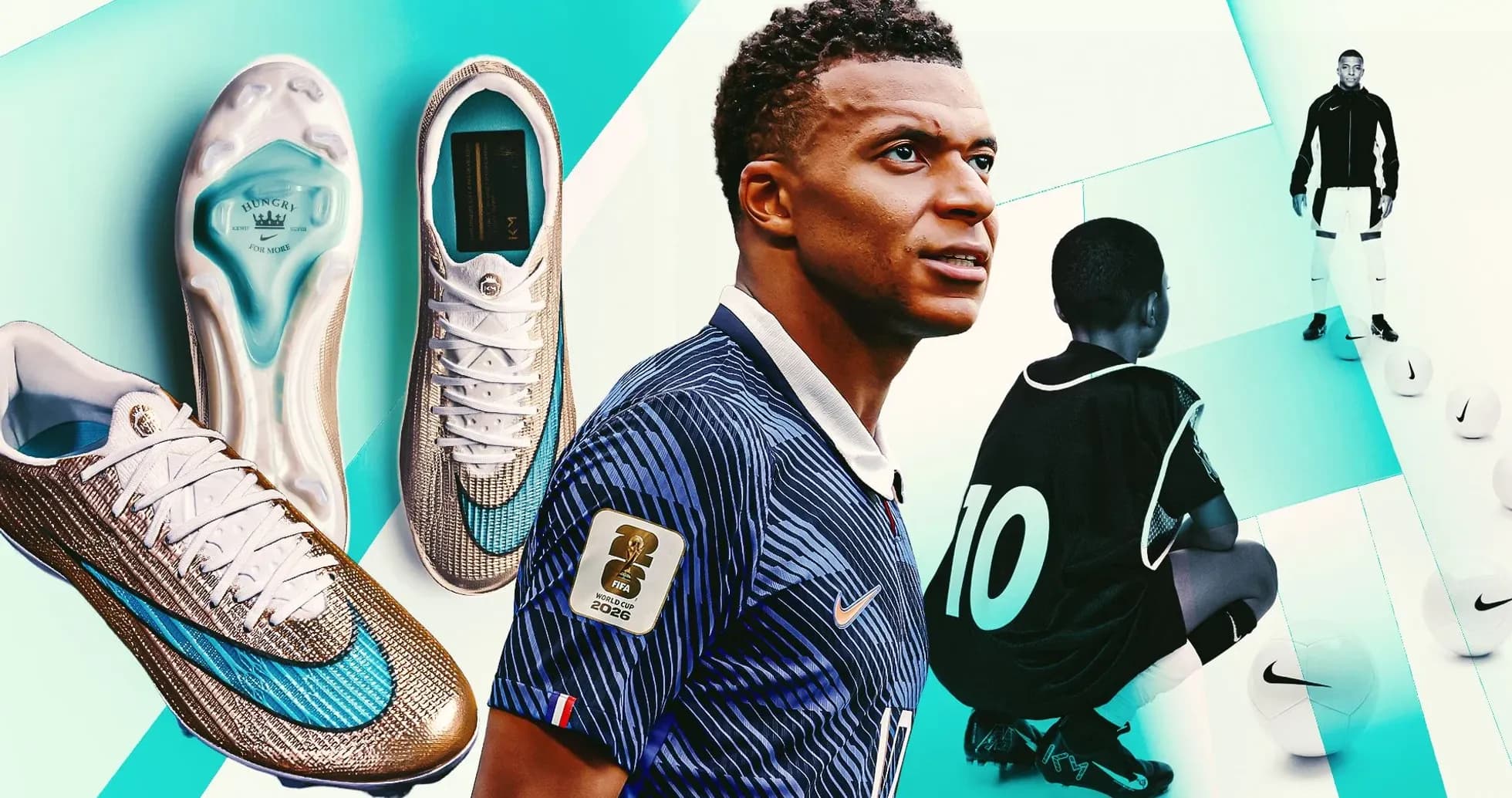 Kylian Mbappé junto a botas de fútbol y niño