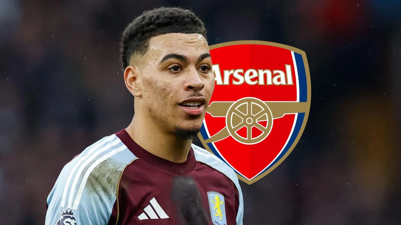 Jugador de Aston Villa con logo de Arsenal detrás