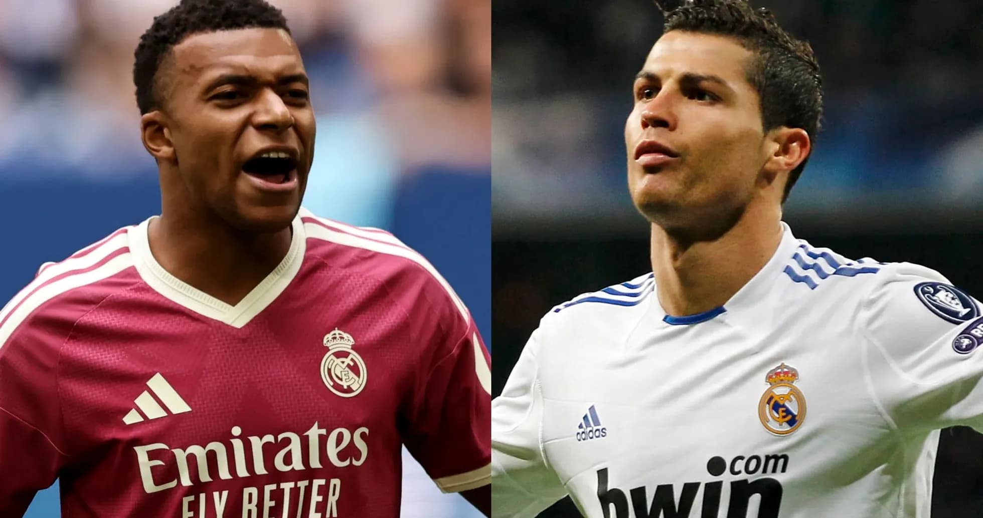 Kylian Mbappé y Cristiano Ronaldo en camisetas del Real Madrid