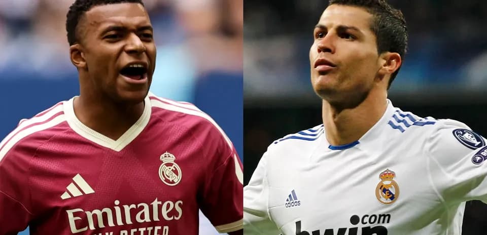 Kylian Mbappé y Cristiano Ronaldo en camisetas del Real Madrid