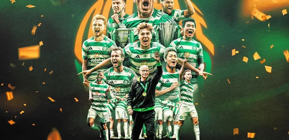 Jugadores de Celtic celebrando con trofeo y confeti