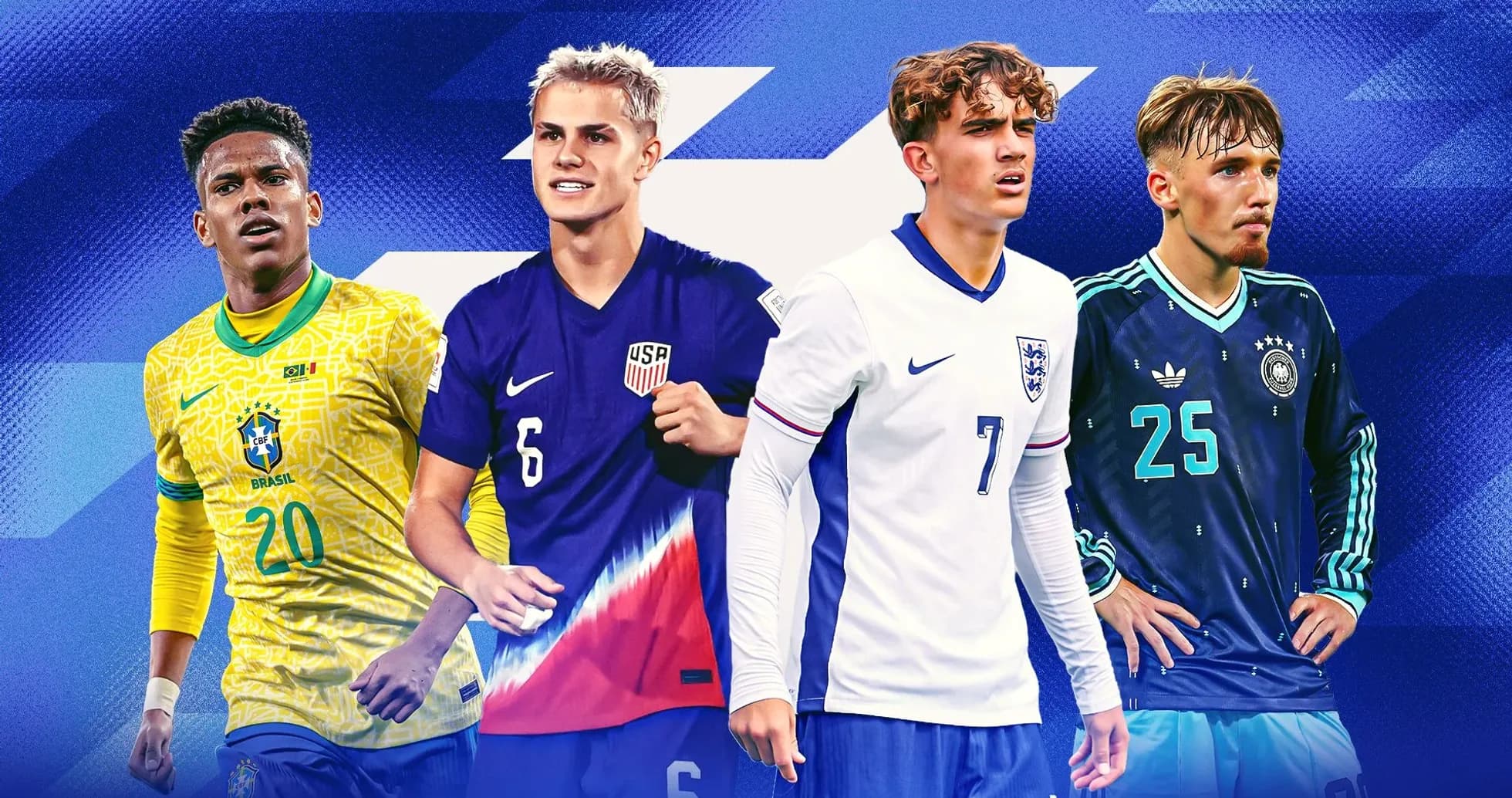Cuatro jugadores de fútbol en camisetas de sus selecciones