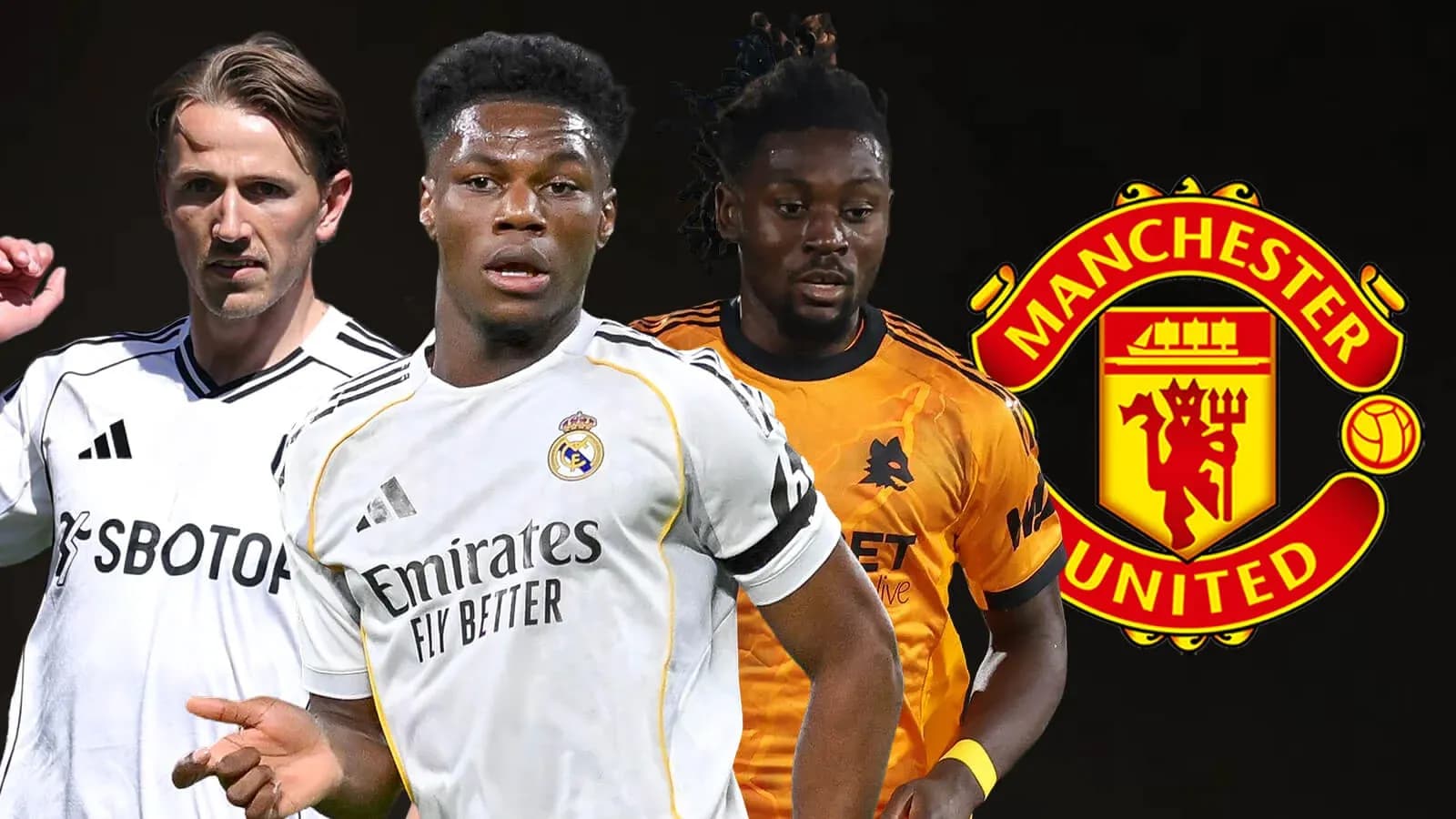 Tres jugadores de fútbol con logo de Manchester United