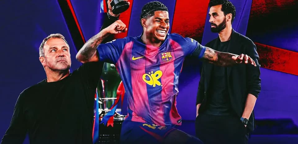 Jugador de Barcelona celebrando con trofeo y entrenadores