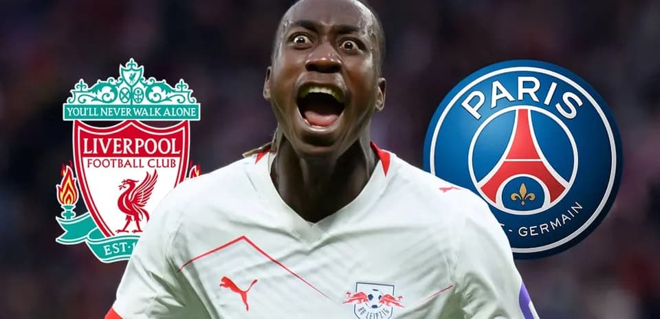 Jugador celebrando con logos de Liverpool y PSG de fondo