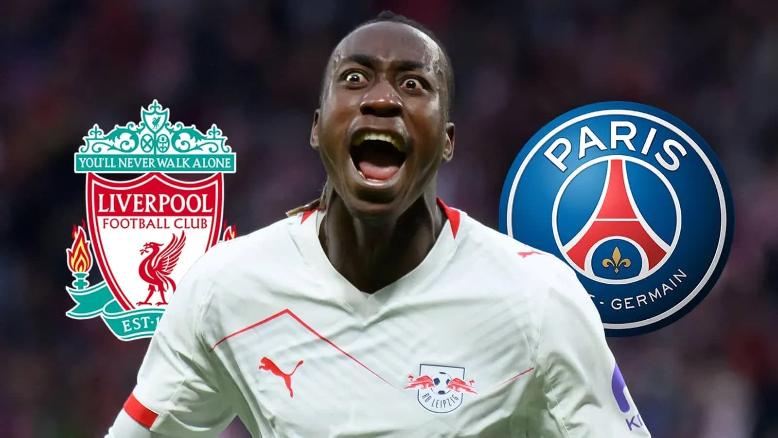 Jugador celebrando con logos de Liverpool y PSG de fondo