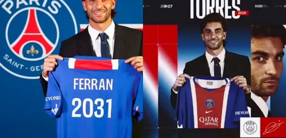 Ferran Torres mostrando camiseta de PSG en presentación