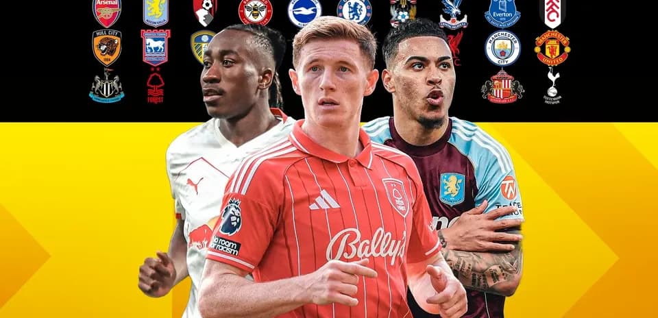 Tres jugadores de fútbol con logos de clubes atrás