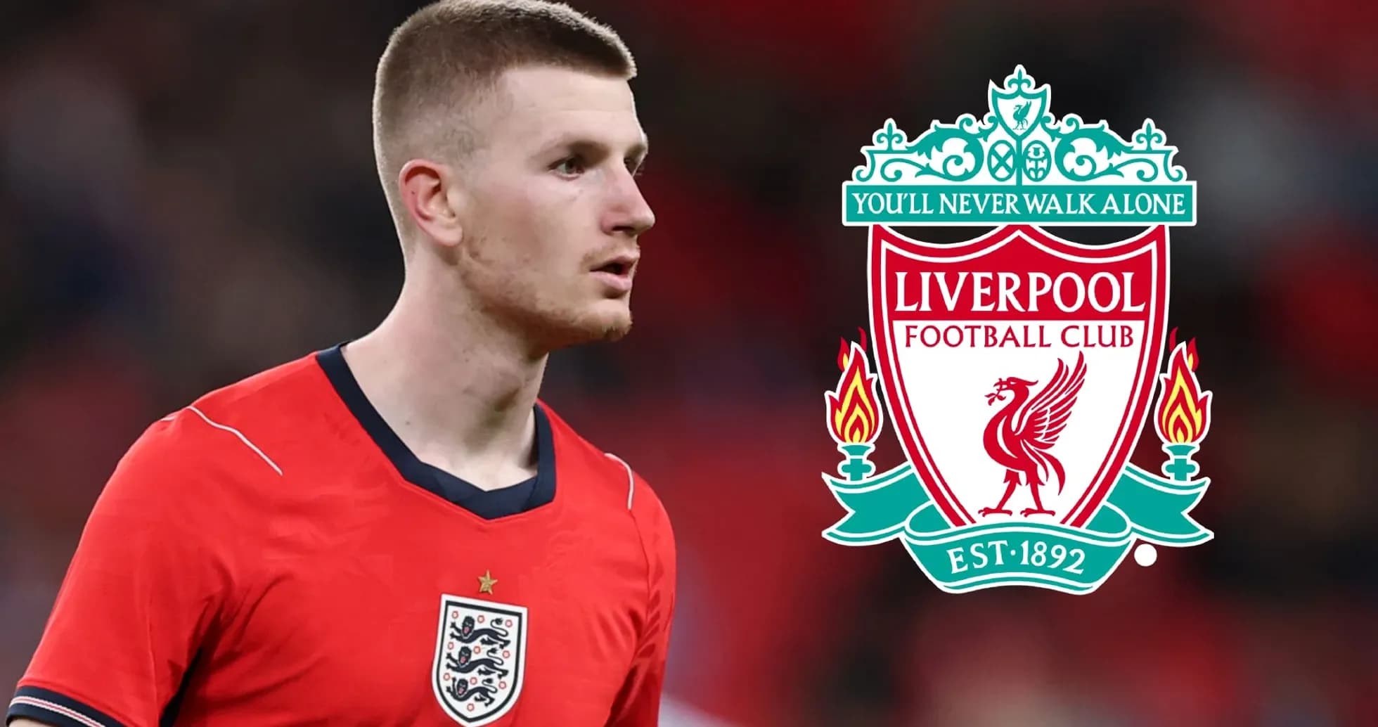 Jugador de Inglaterra con camiseta roja y logo de Liverpool