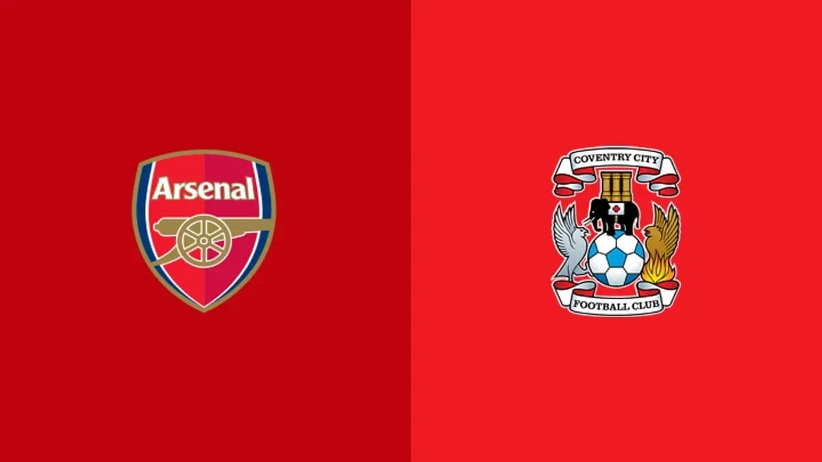 Logos de Arsenal y Coventry City en fondo rojo